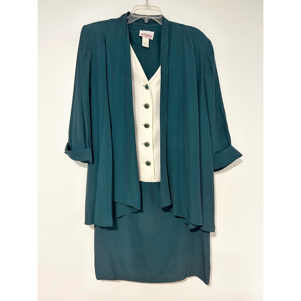 Petite Perceptions Vintage 90s Teal White Colorblock Dress and Jacket Set 8P